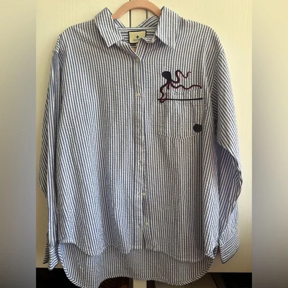 Tuckernuck sz M NWOT Embroidered Octopus Blue Stripe Seersucker ButtonDown shirt - Picture 2 of 6